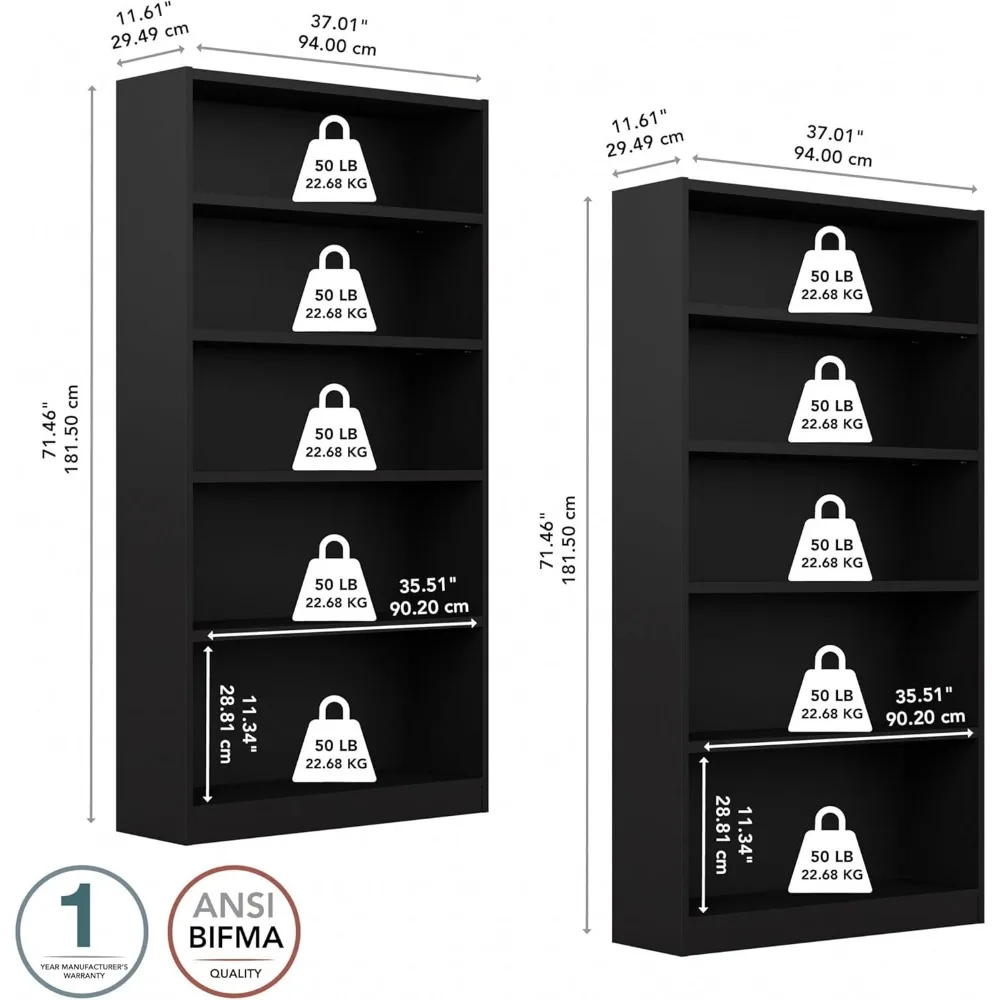 Tall 5 Shelf Bookcase in Black - Set of 2, Matching Storage and Display Bookshelves for Home Office or Living Room Organization