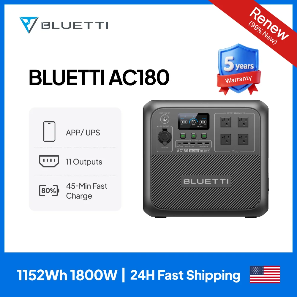 

【RENEW】BLUETTI AC180 Solar Portable Power Station 1800W 1152Wh Smart Generator Get Unstoppable Power for Outdoor Adventures