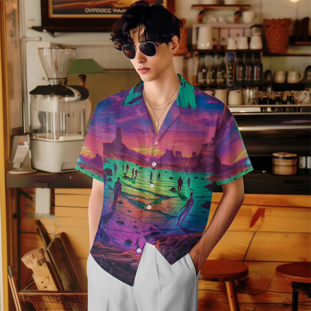 

Pink Alien Men Street Fashion Summer Daily Shirt Hawaiian Cartoon Print Casual Loose Shirts Short Sleeve Beach Loose Tops
