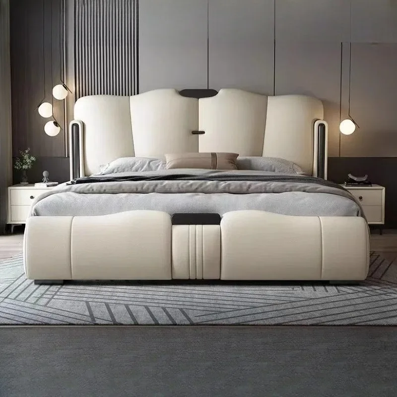 

Leather Heavy Simple Double Bed Frame White Cheap Luxury Mattress Double Bed Storage Modern Cama Matrimonial Bedroom Furniture