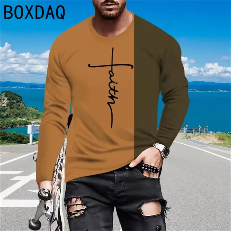 Men Long Sleeve O-Neck Casual Cotton T-Shirt Fashion Letter Colorful Gradient Spliced Tops XS-6XL Plus Size Men's T-Shirt