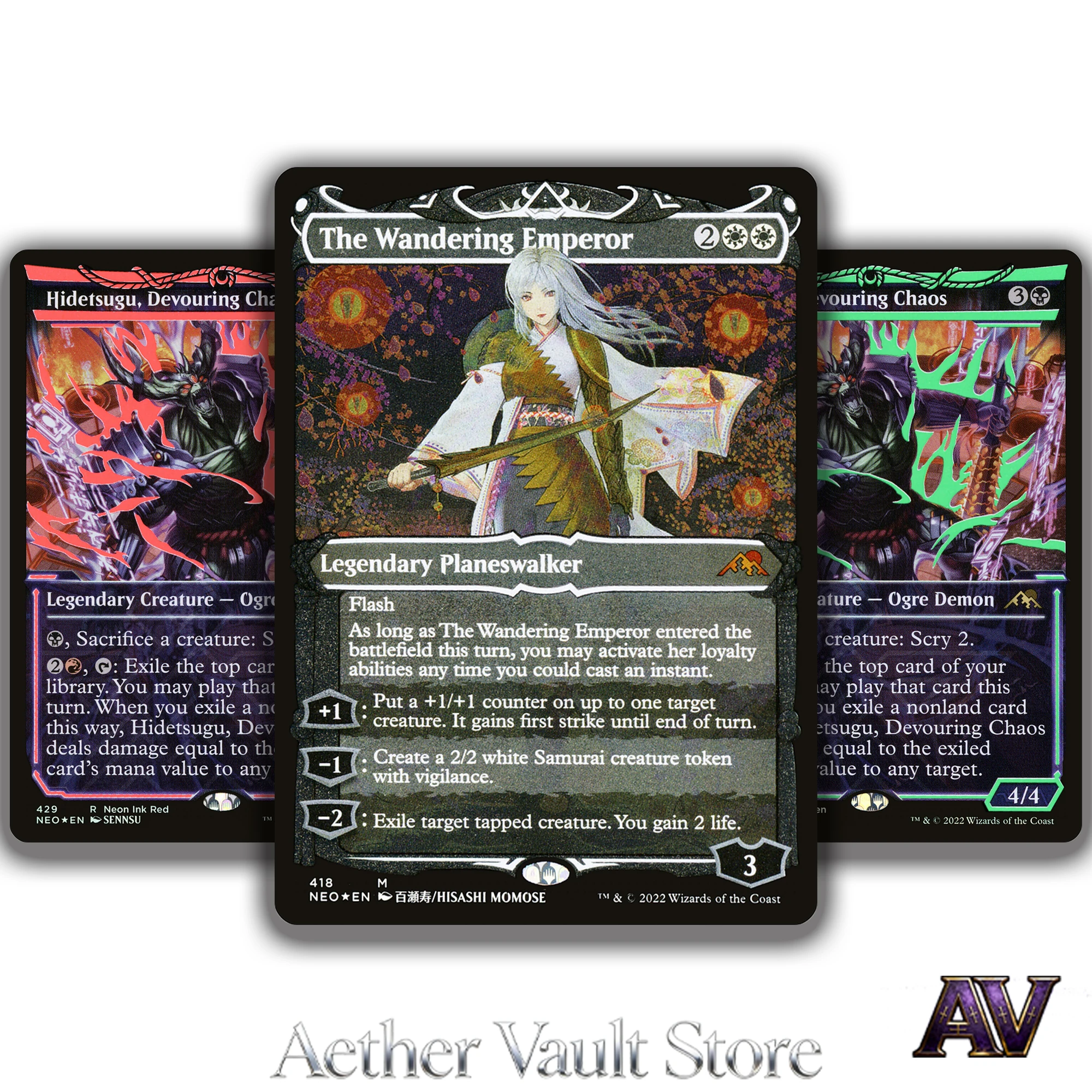 

Серия NEO: Камигава, Неоновая династия, Странствующий император, Пожирающий хаос — эксклюзивная промо-карта с голографической текстурой (прокси-карта)