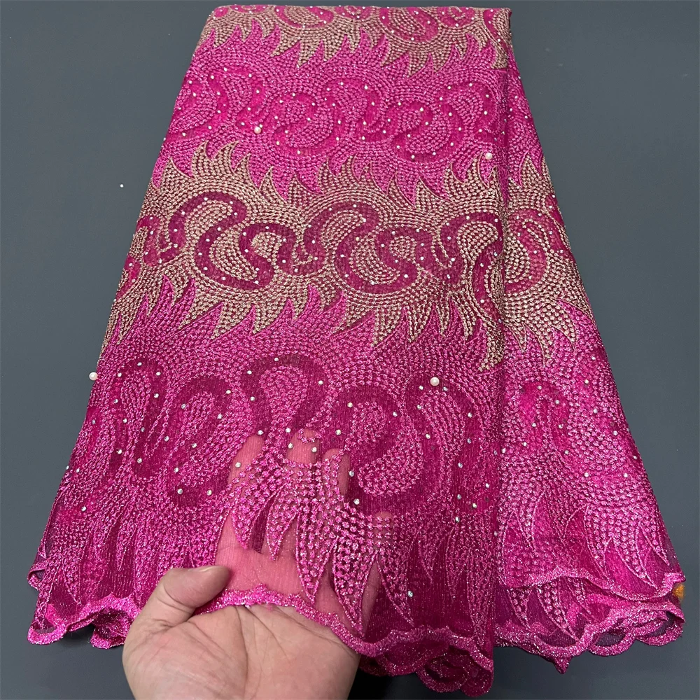 2023High Quality African Nigerian Latest Tulle Lace Fabric With Embroidery Sewing Guipure Organza Prom Dresses Sequins5Yards