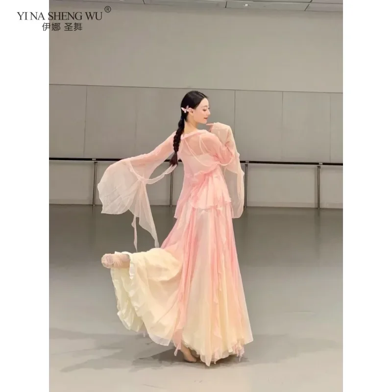 Elegant Fairy Ancient Chinese Dance Costume Women Classical Dance Performance Practice Wear Flowy Gradient Chiffon Gauze Suit