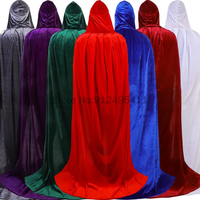 Halloween Hooded Cloak Long Velvet Cape for Christmas Medieval Cosplay Costumes S-2XL Black Red White Gray Purple Green Blue