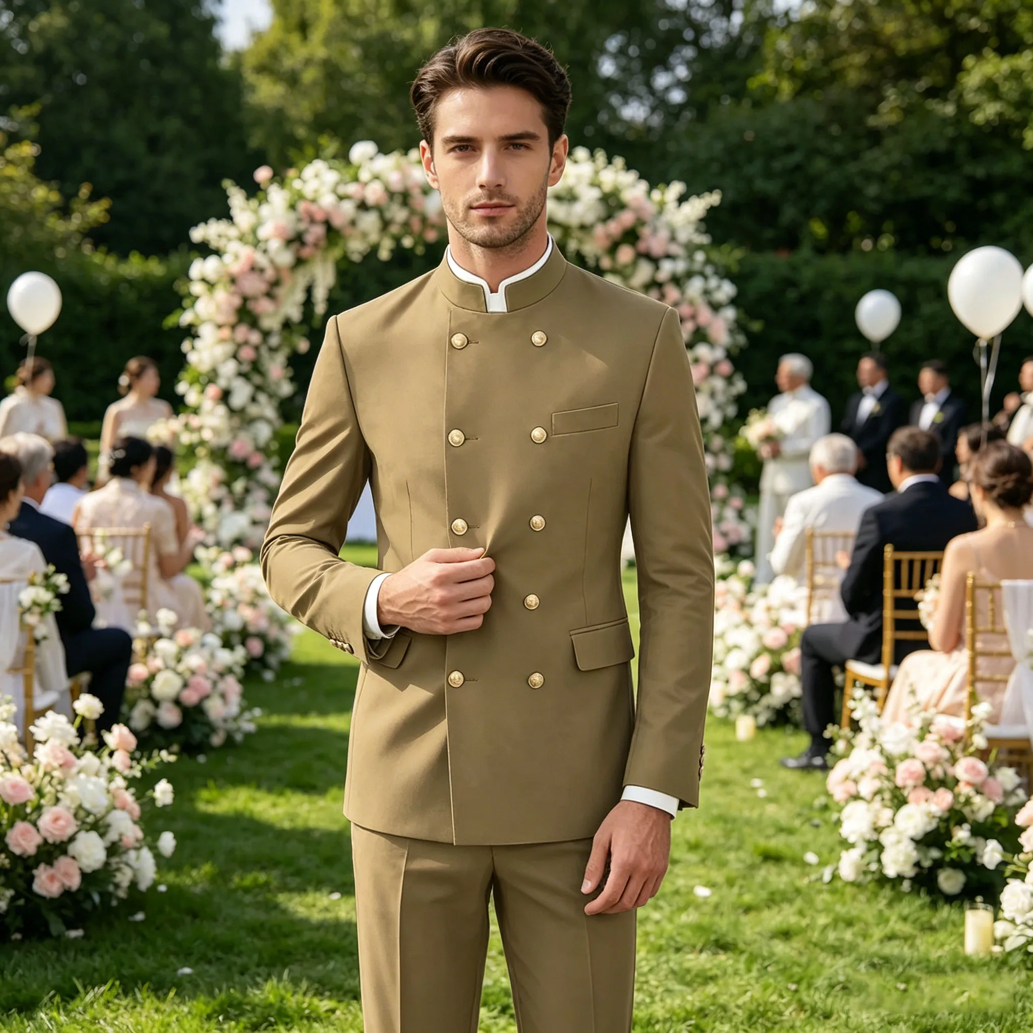 Men's Chinese Style Suit Solid Color Double Breasted Mandarin Collar 2 Piece Set Gold Button Formal Business Wedding Blazer Pant image 6