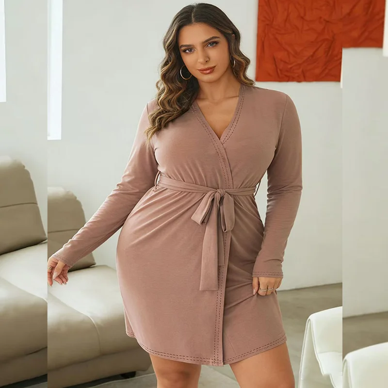 

Элегантный женский халат больших размеров с поясом, длиной до колена, с обычными рукавами и средней эластичной тканью, удобный и стильный халат-кимоно, ночная рубашка