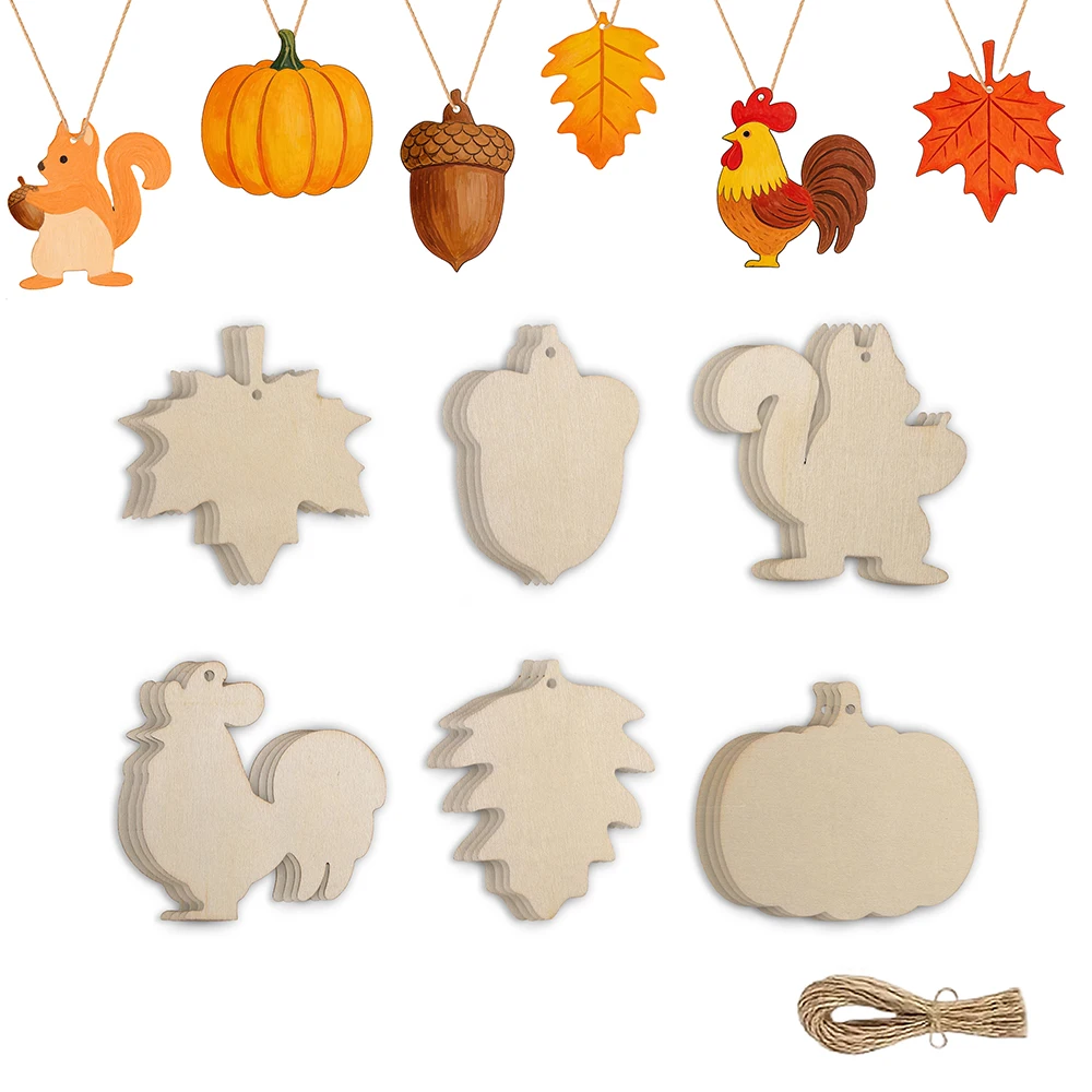 

24/12pcs DIY Hand Painted Rooster Pumpkin Squirrel Maple Leaf Pine Cone Harvest Festival Thanksgiving Day Party Wood Decoration