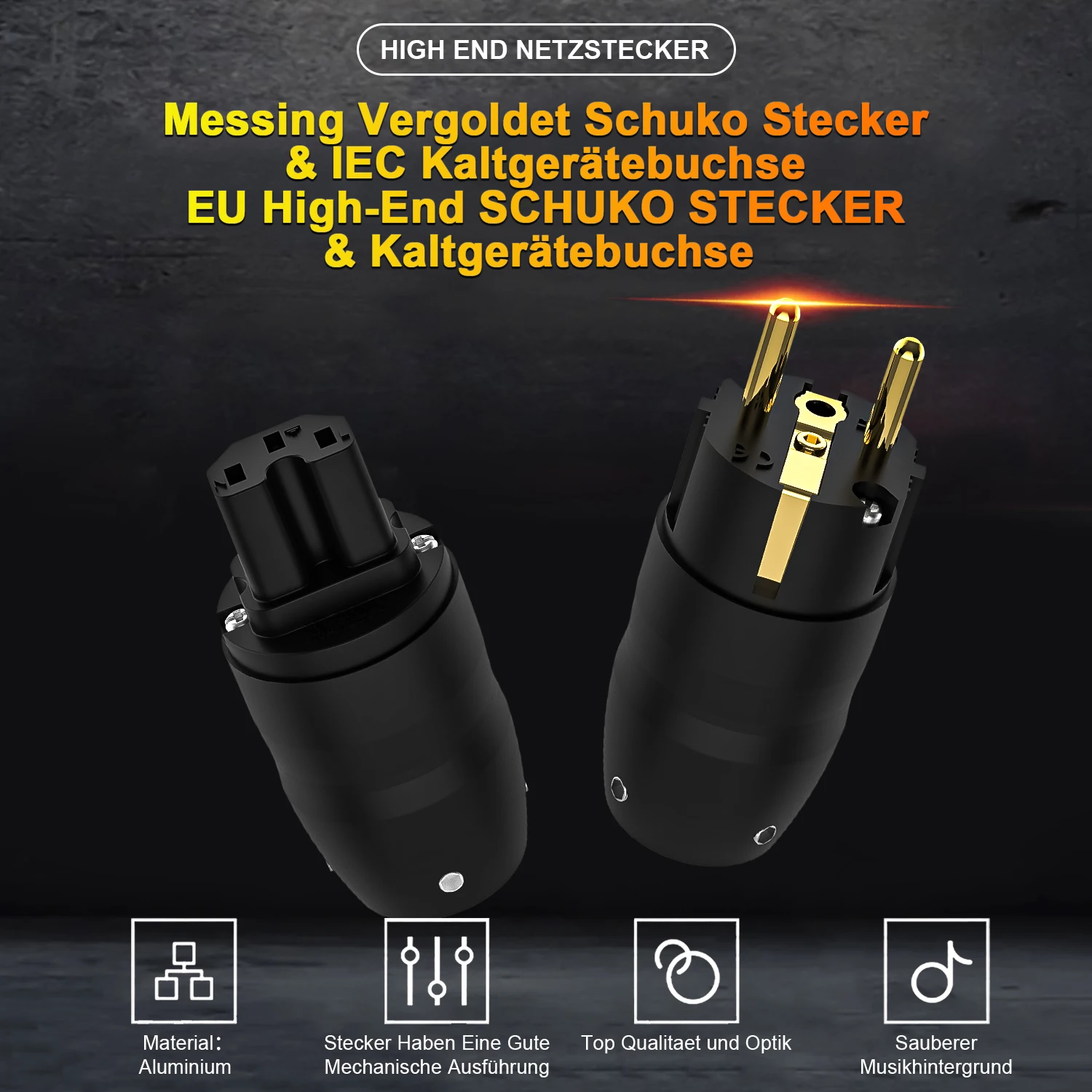 Black Aluminium Rhodium Plated Schuko Power Plug Connector Hifi IEC Female Plug