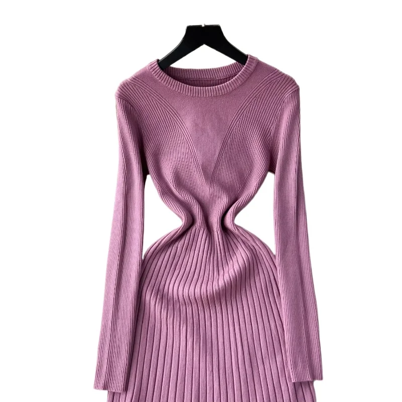 Women Knit Sweater Maxi Dress Long Sleeve Round Neck Elastic Slimi Bodycon Dress Elegant Party Casual Ladies Knitted Dress - view 5