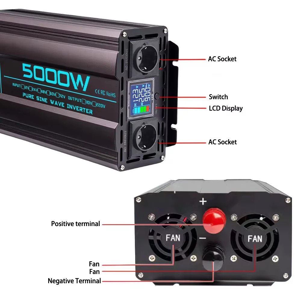 Pure Sine Wave Inverter 12V 220V 24V 1000W 1600W 2000W 3000W 4000W 5000W DC To AC Power Converter Charger Car Solar Inverter
