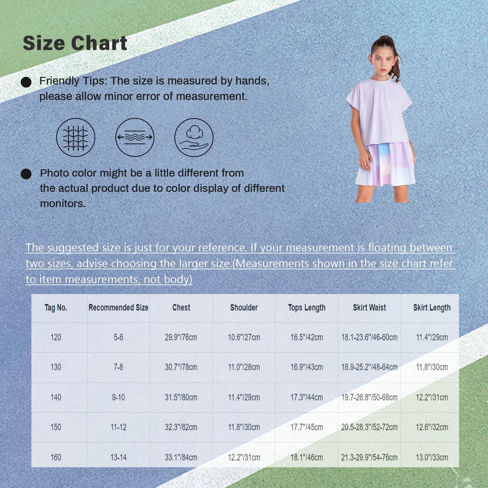 Kids Girls 2-Piece Quick-Drying Breathable Sports Set Badminton Tennis Outfit Short Sleeve Wrap Back T-shirt with Tie-Dye Skirt