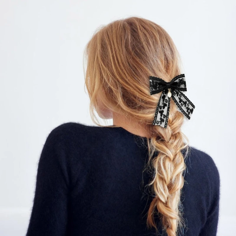 Black Hair Clip Pearls Lace Pearls Bowknot Balletcore Clip for Lady Girl