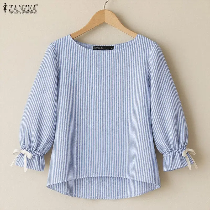 2026 Spring Striped Blouse ZANZEA Stylish Office OL Blouses Women O Neck 3/4 Sleeve Tops Casual O Neck Shirt High Low Blusas