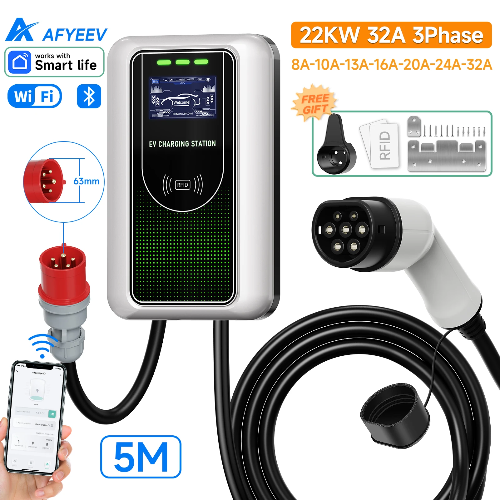 AFYEEV Type2 EV-oplader 32A 7,6KW laadstation Autolader 11KW 22KW 3 fase EVSE Wallbox APP Bluetooth WiFi-afstandsbediening