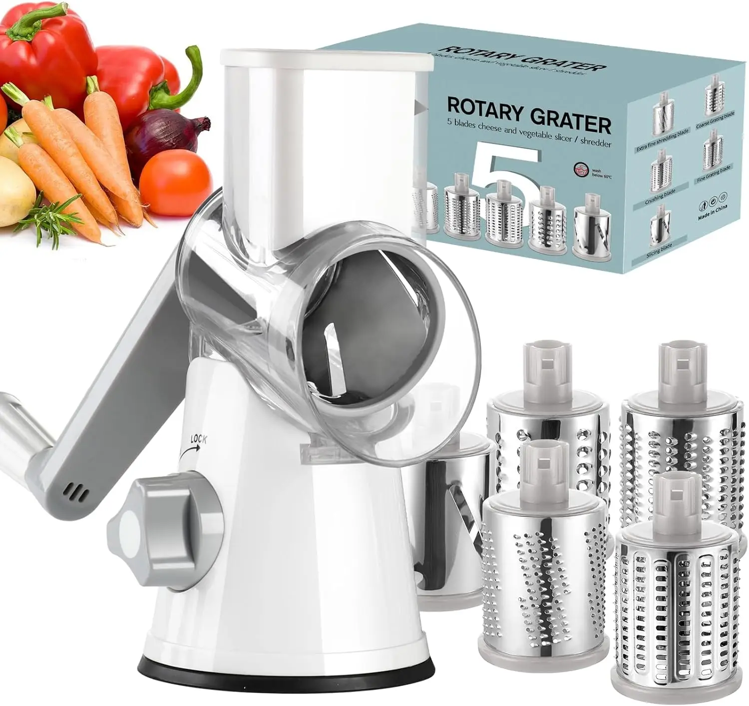 

Rotary Cheese Grater Hand Crank, Kitchen Shredder Speed Mandolin Slicer Ice Shaver with Handle and Drum Blades for Che