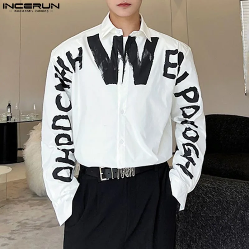 

INCERUN Men Fashion English Letter Printing Design Shirts 2024 Casual Long Sleeve Tops Lapel Collar Handsome Loose Button Blouse