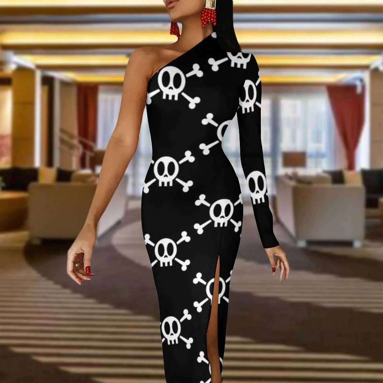 Kawaii Skeleton Long Dress Woman Skull and Crossbones Street Style Maxi Dress Pretty Bodycon Dresses Side Split Pattern Vestido