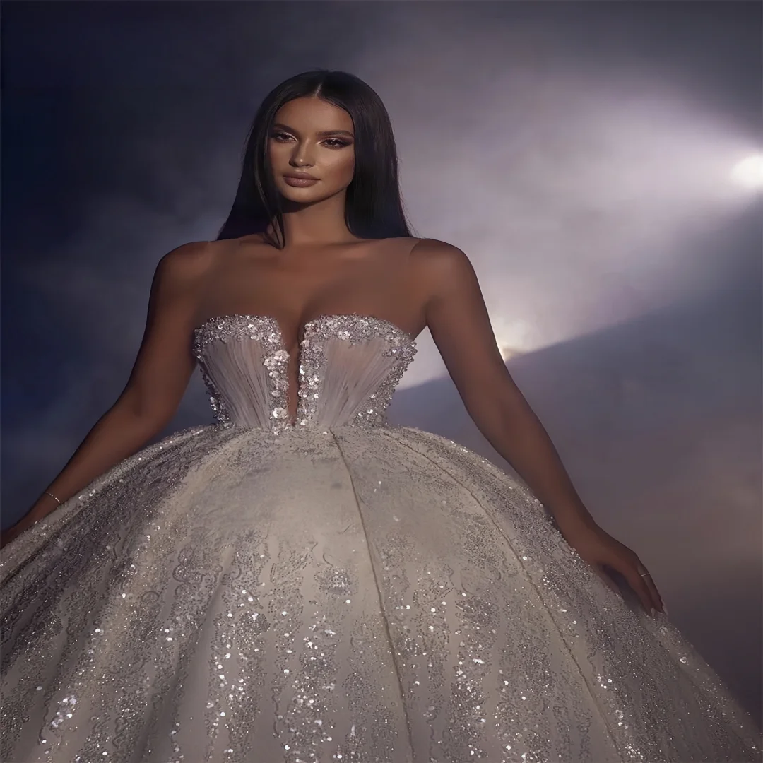 Customized  Shining brightly Bridal Dresses Luxurious Sleeveless Wedding Dress Romantic  Floor-length Dress vestidos de novia
