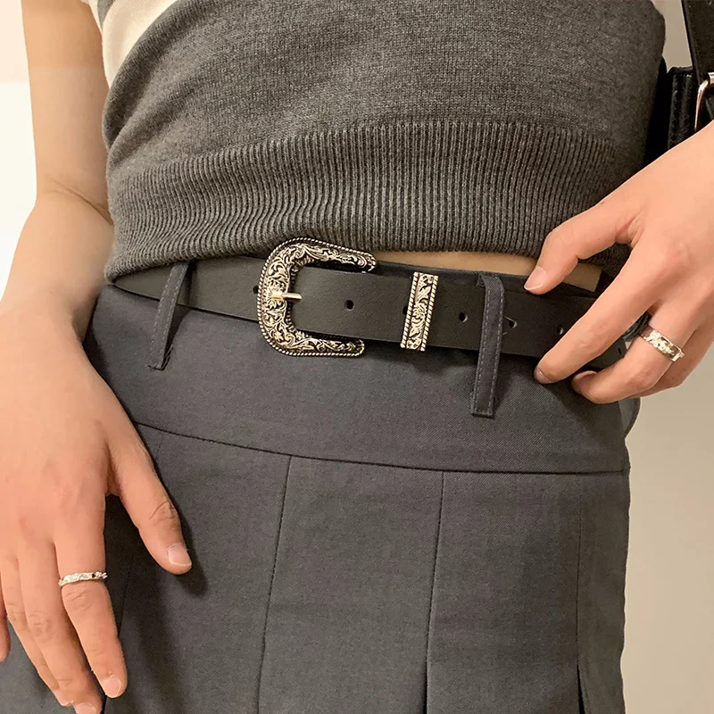 Fotografia 4: Nova Chegada: Cinto Unissex de Moda Europeia e Americana, Estilo Retrô em Denim com Fivela, Cinto Largo de Alta Qualidade com Relevo Exquisito