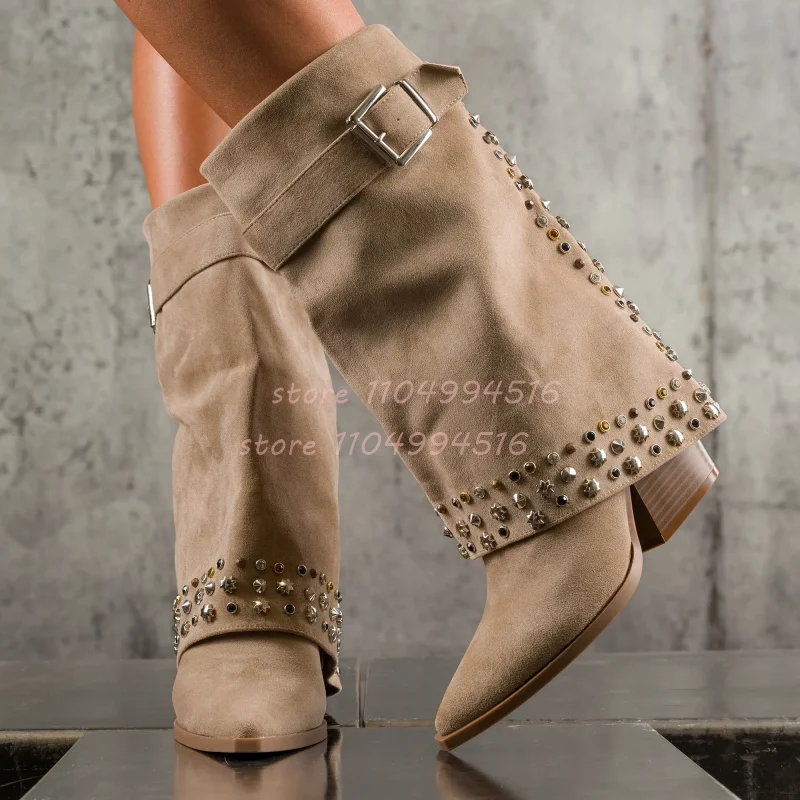 Beige Rivet Pointed Suede Ankl - Vintage And Modern Fashion ulasan dan harga