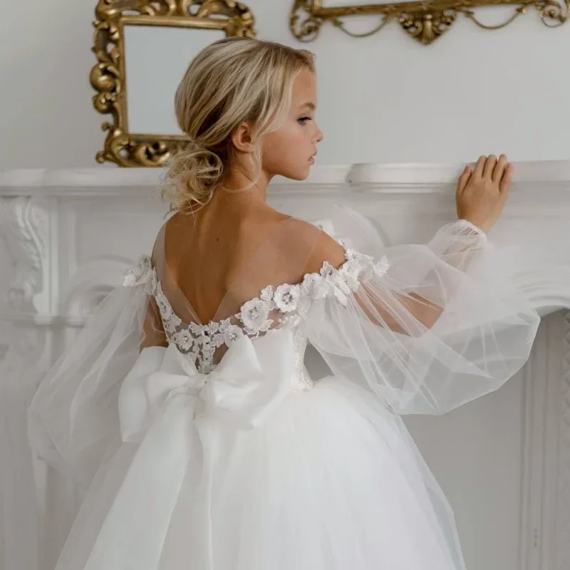 Vestidos de flores para niña, vestidos de primera comunión para fiesta de cumpleaños, tul blanco, patrón de flores hinchadas con lazo, manga larga para boda