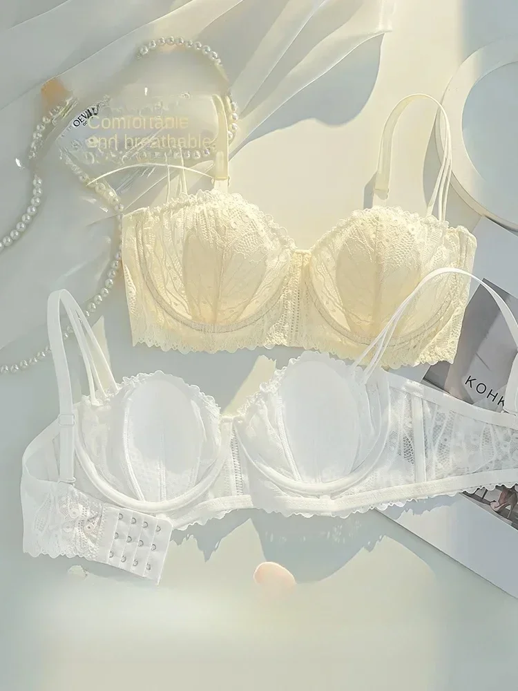 32/34 francés Sexy puro Orejas de conejo taza push-up ropa interior femenina verano fino pecho grande pecho pequeño apretado Anti-hundimiento cubierta de sujetador de encaje