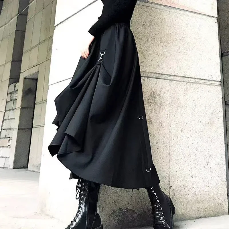 Harajuku Punk Style Skirts Women High Waist Buckle Irregular Gothic Skirt Black Hip Hop Streetwear Freely Adjustable M73