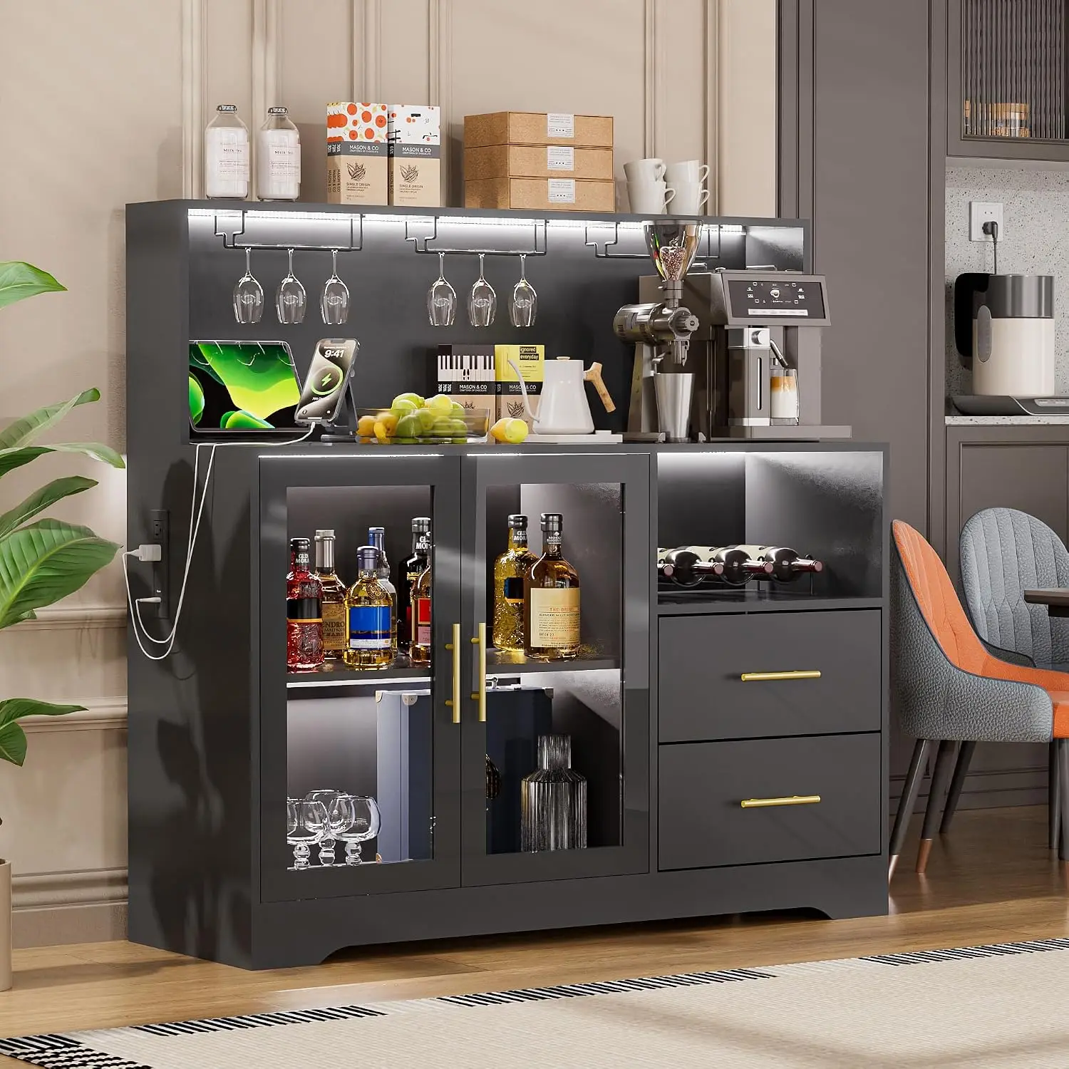 RGB LED Wine Bar Cabinet with Glass Rack, Drawer & Charging Station, Modern Coffee Cabinet for Living Room, Customized