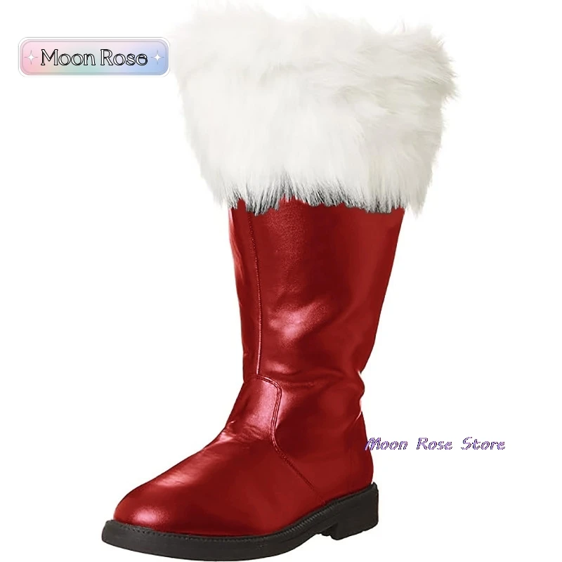 Christmas Santa Claus Boots Men's Cosplay Black Leather Shoes White Plush Cuffs Foot Halloween Christmas Winter Boots