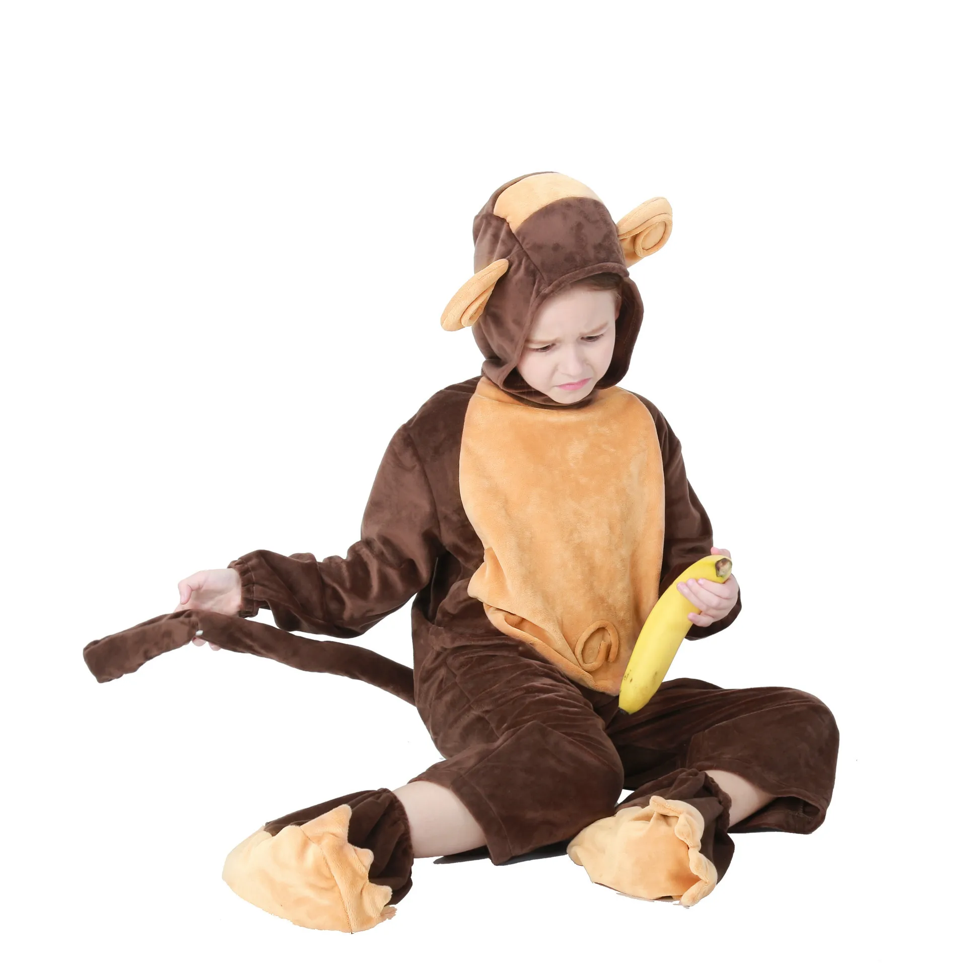 Unisex Flannel Anime Jumpsuit Children Monkey Disguise Cosplay Animal Play Home Costumes Kids Monkey Party Stage Performance Set