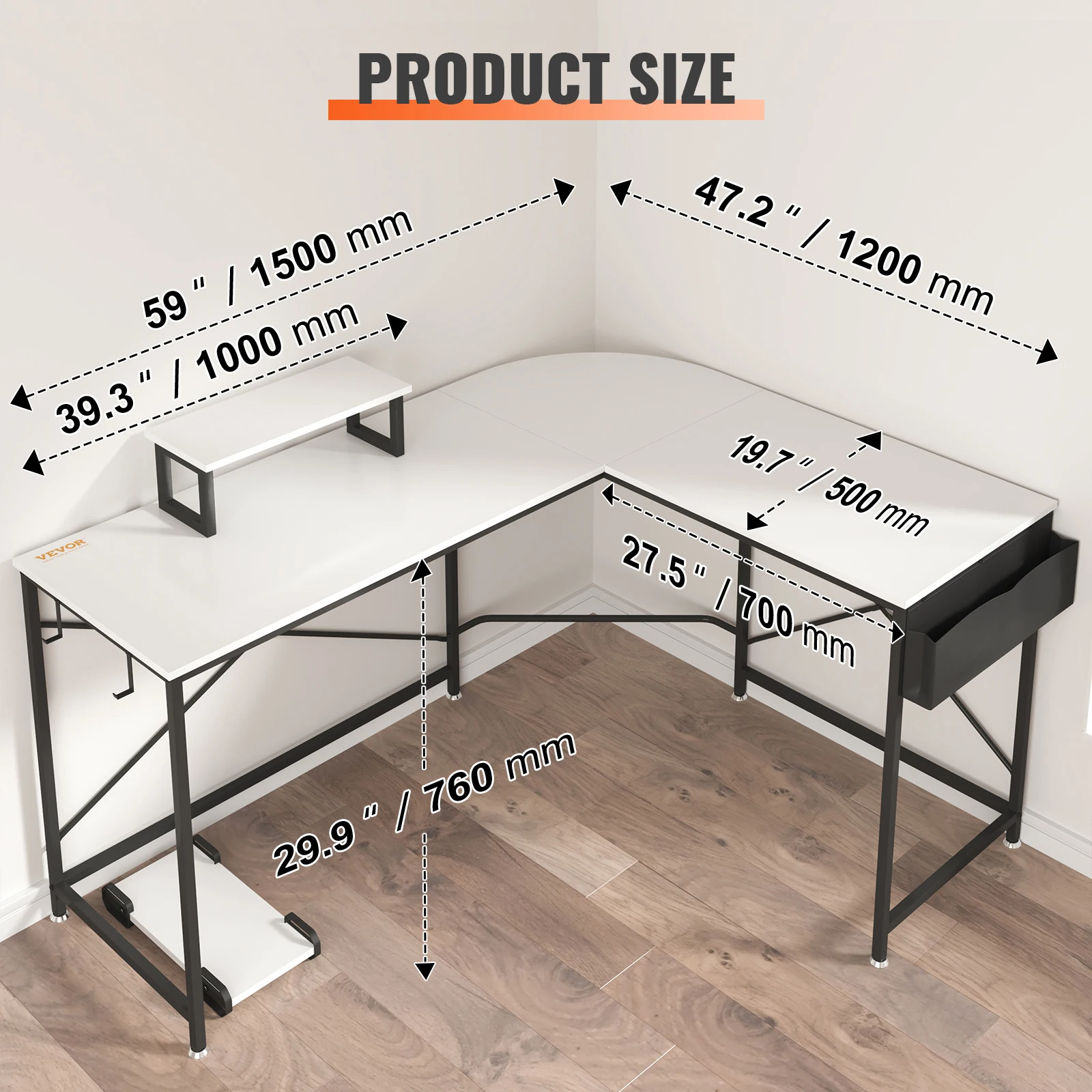 VEVOR meja komputer bentuk L, meja sudut 47 "/54"/59 "dengan tas penyimpanan Monitor Riser dan dudukan CPU meja kerja kantor