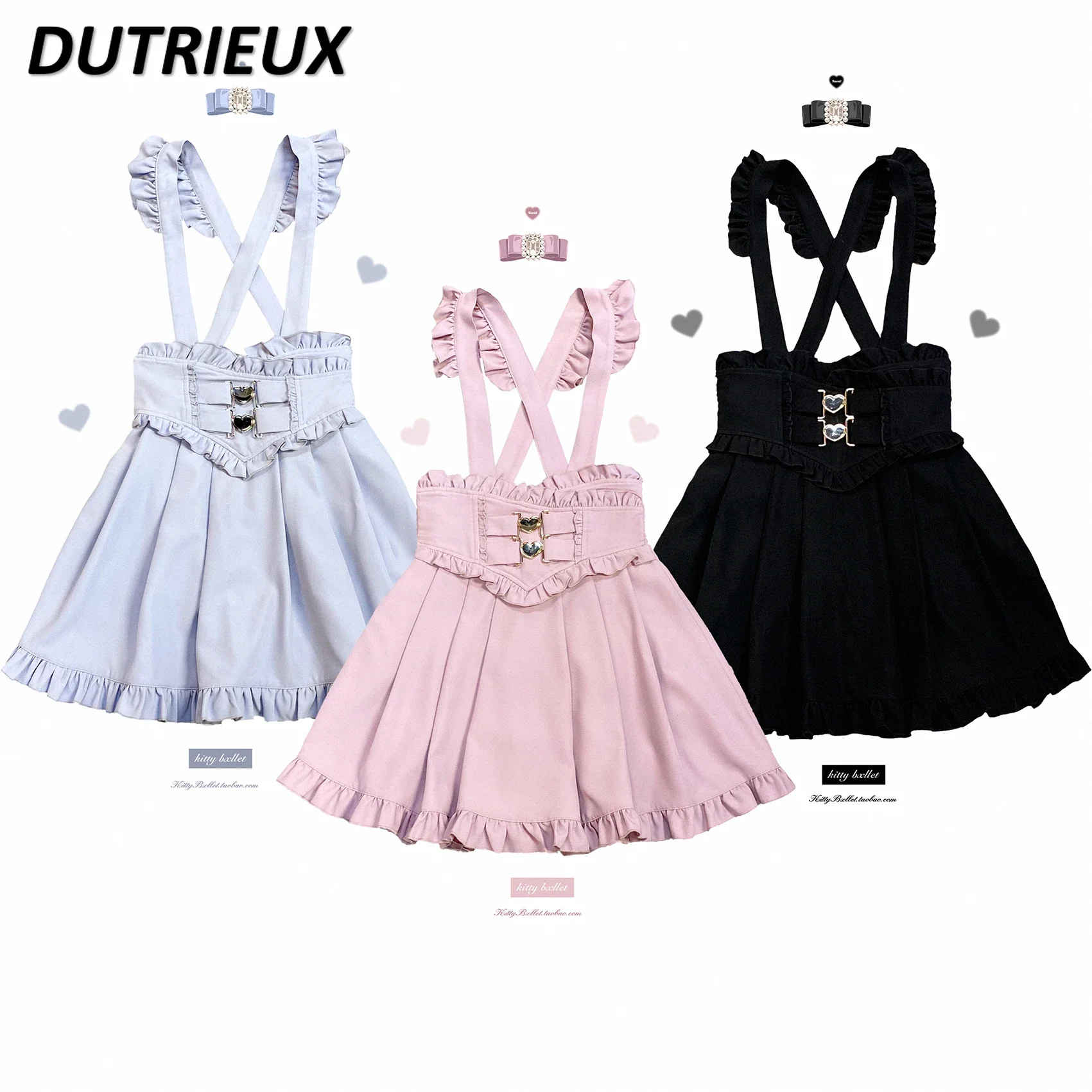 

Japanese Lolita Skirt Girl Sweet Cute Love Button Lace Cross High Waist Mine Strap Skirt Women Autumn New Ruffles Pleated Skirts