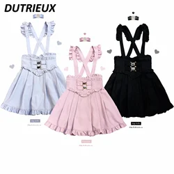 Japanese Lolita Skirt Girl Sweet Cute Love Button Lace Cross High Waist Mine Strap Skirt Women Autumn New Ruffles Pleated Skirts