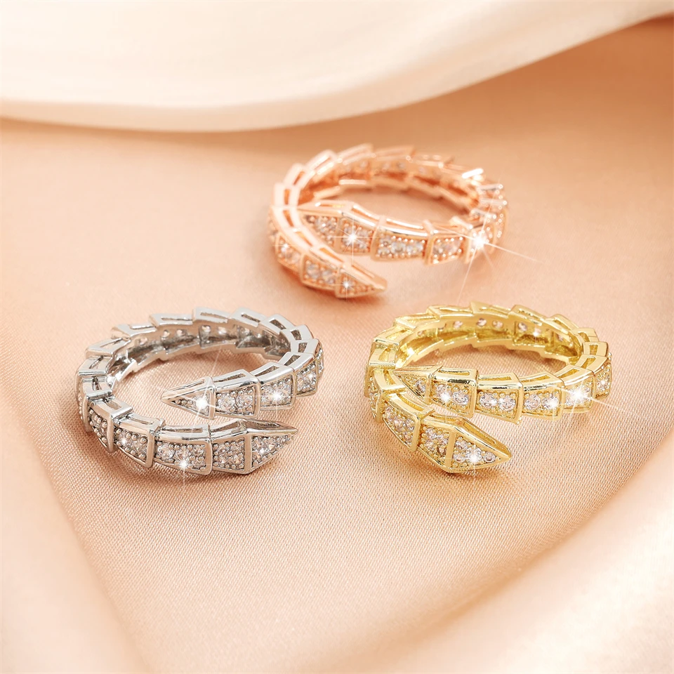 Htpwe Copper Metal Snake Bone Nail Inlaid Zirconium Opening Ring Women Plated 18k Gold Couple Holiday Gift Ring Party Jewelry image 4