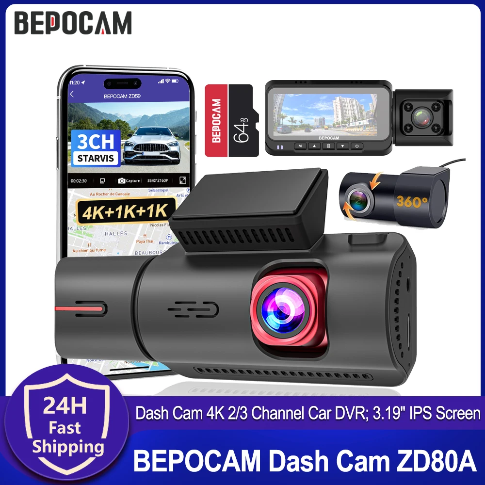BEPOCAM Dash Cam 4K 2/3 قناة كاميرا سيارة المدمج في واي فاي GPS 3.19 "IPS شاشة للرؤية الليلية DVR مسجل فيديو وضع وقوف السيارات ZD80A