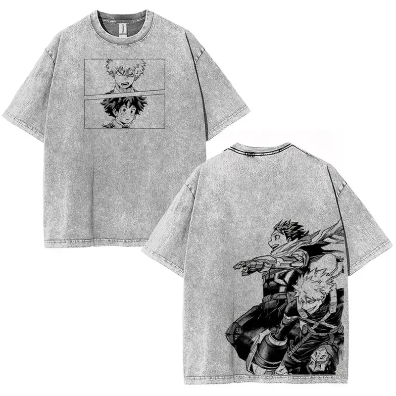Vintage Washed Midoriya Izuku Bakugou Katsuki My Hero Academia Print T-shirt Manga Harajuku T Shirt Unisex Loose Cotton Tees