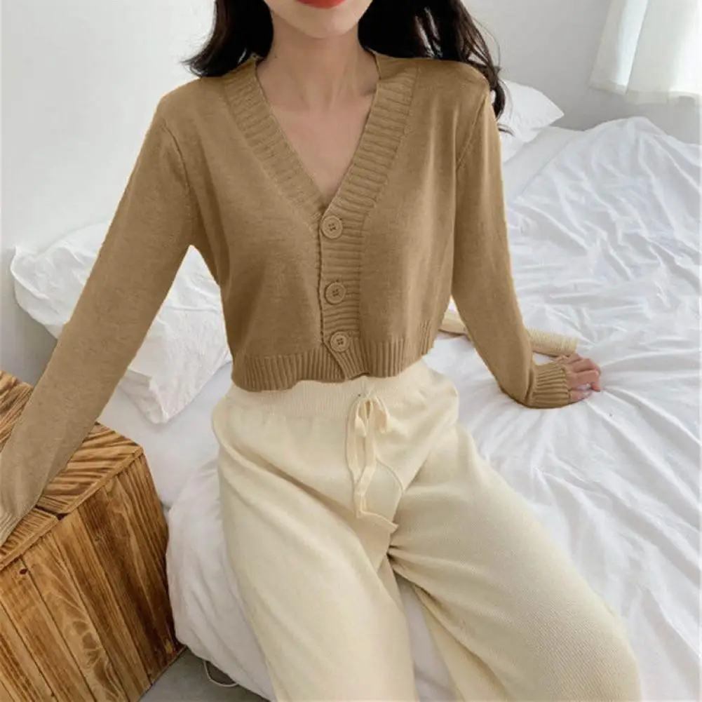 Women Sweater Coat Solid Color Single-breasted Cardigan Coat Thermal V Neck Long Sleeves Knitted Cropped Top for Daily Wear