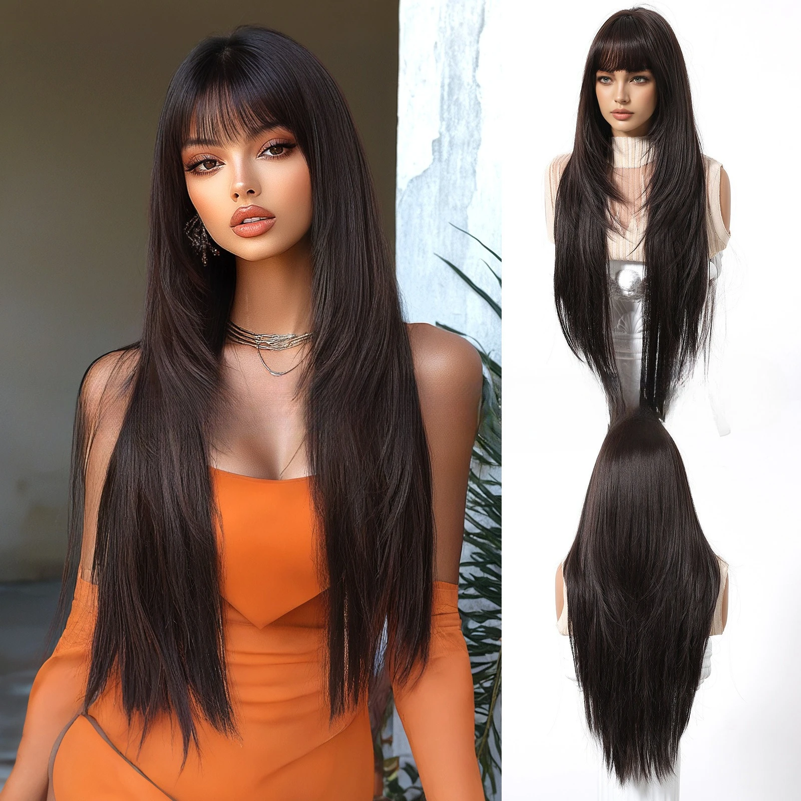 

New wig woman, pure desire air bangs 30inch black-brown layered long straight hair, full hood