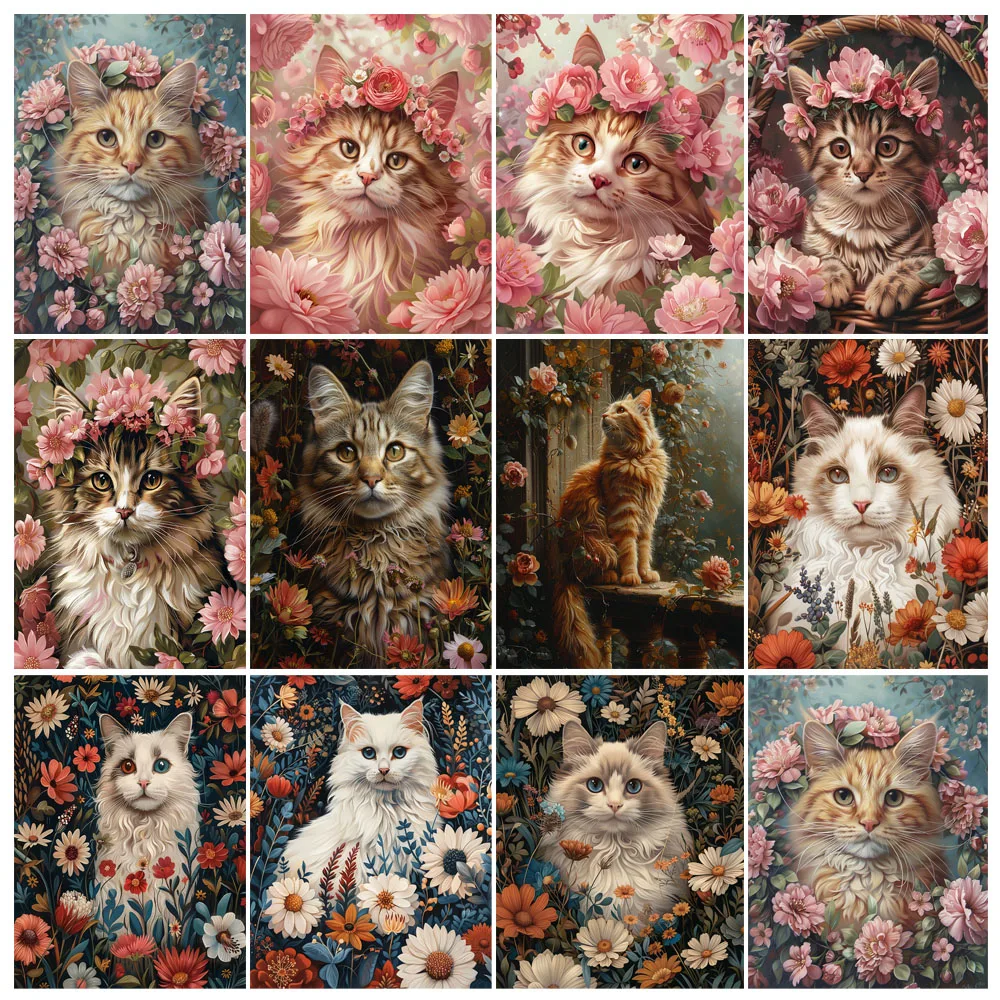 Pintura por números, lindo gato y flores, animales, Kit al óleo para adultos, paisaje marino, pintura acrílica DIY, obra de arte Canva, regalo, decoración del hogar