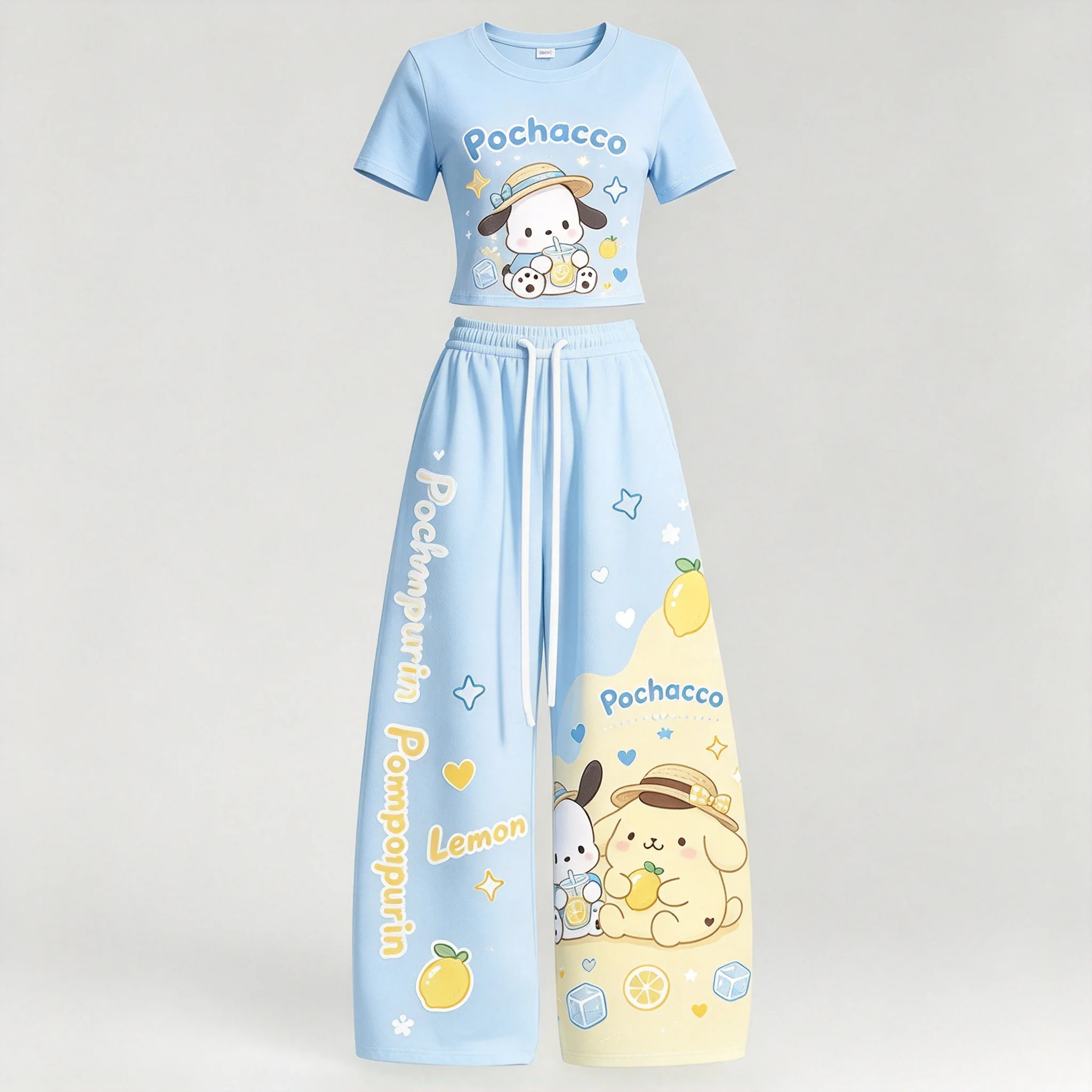 Women Pochacco Lemon Print 2 Piece Outfit, Cropped Short Sleeve T-shirt & Drawstring Wide Leg PantsKawaii Sweet Casual Tracksuit
