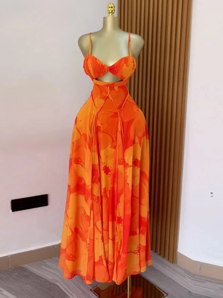 

Women Floral Printed Strap Backless Bra Front Big Swing Long Dress 2025 New Fashionable Vintage Sexy Club Party Evening Dresses