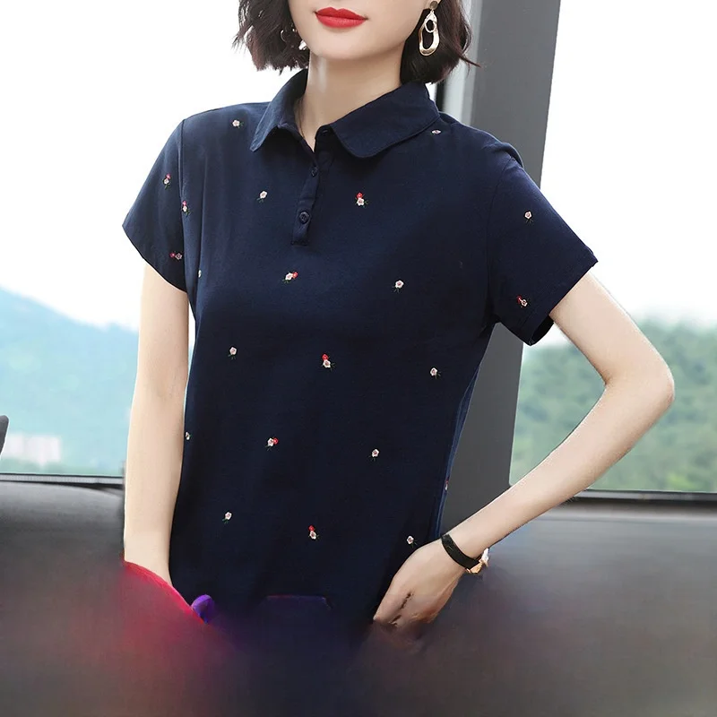 

Short Sleeve Embroidered Pure Cotton Shirt for Women V-Neck Floral Print Loose Fit Summer T-Shirt Fashionable Mom Top