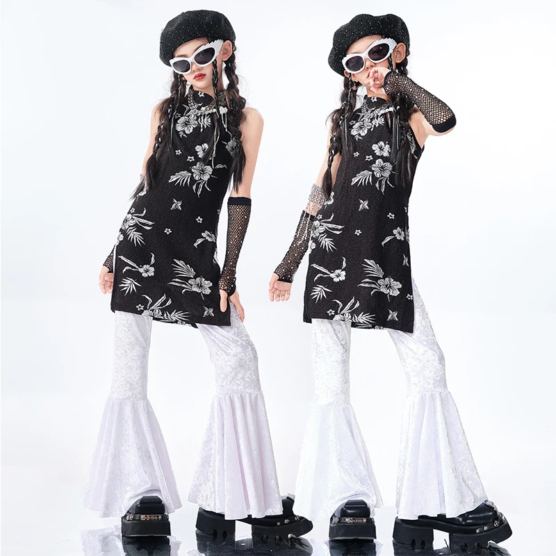 

Kpop Jazz Dance Costume Summer Girls Black Printed Top White Flared Pants Chinese Style Stage Show Clothing Fashion Clothes 2246