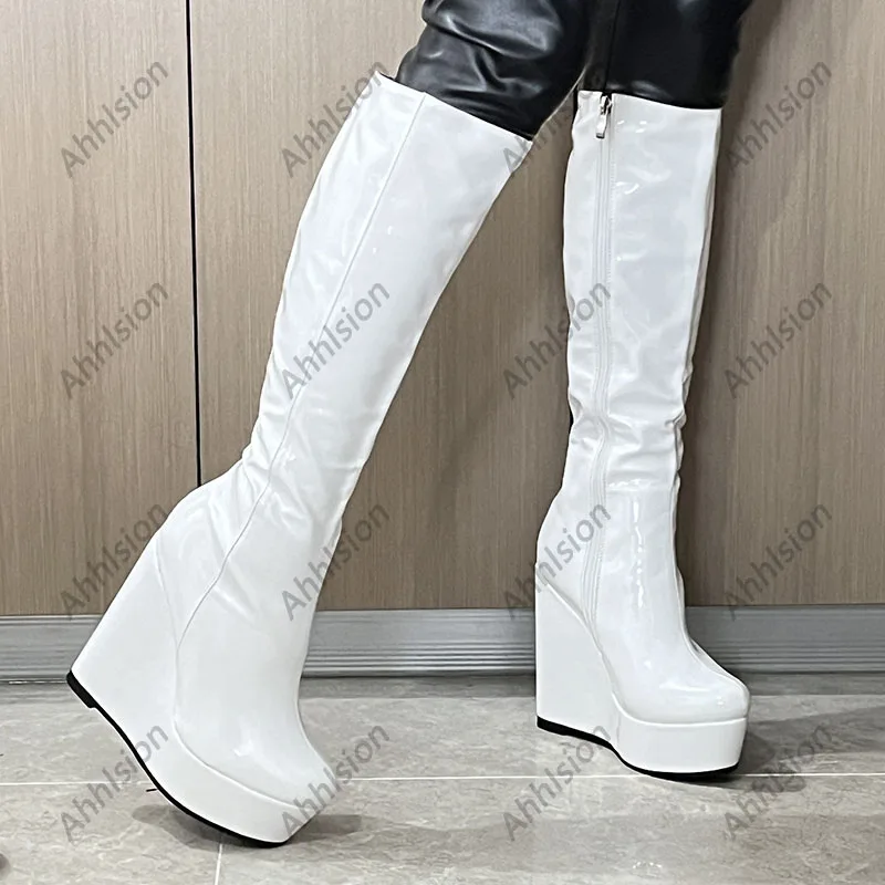 Ahhlsion Handmade kobiety zimowe błyszczące buty do kolan kliny obcasy okrągłe Toe wspaniałe czerwone różowe buty Cosplay panie usa rozmiar 5-20