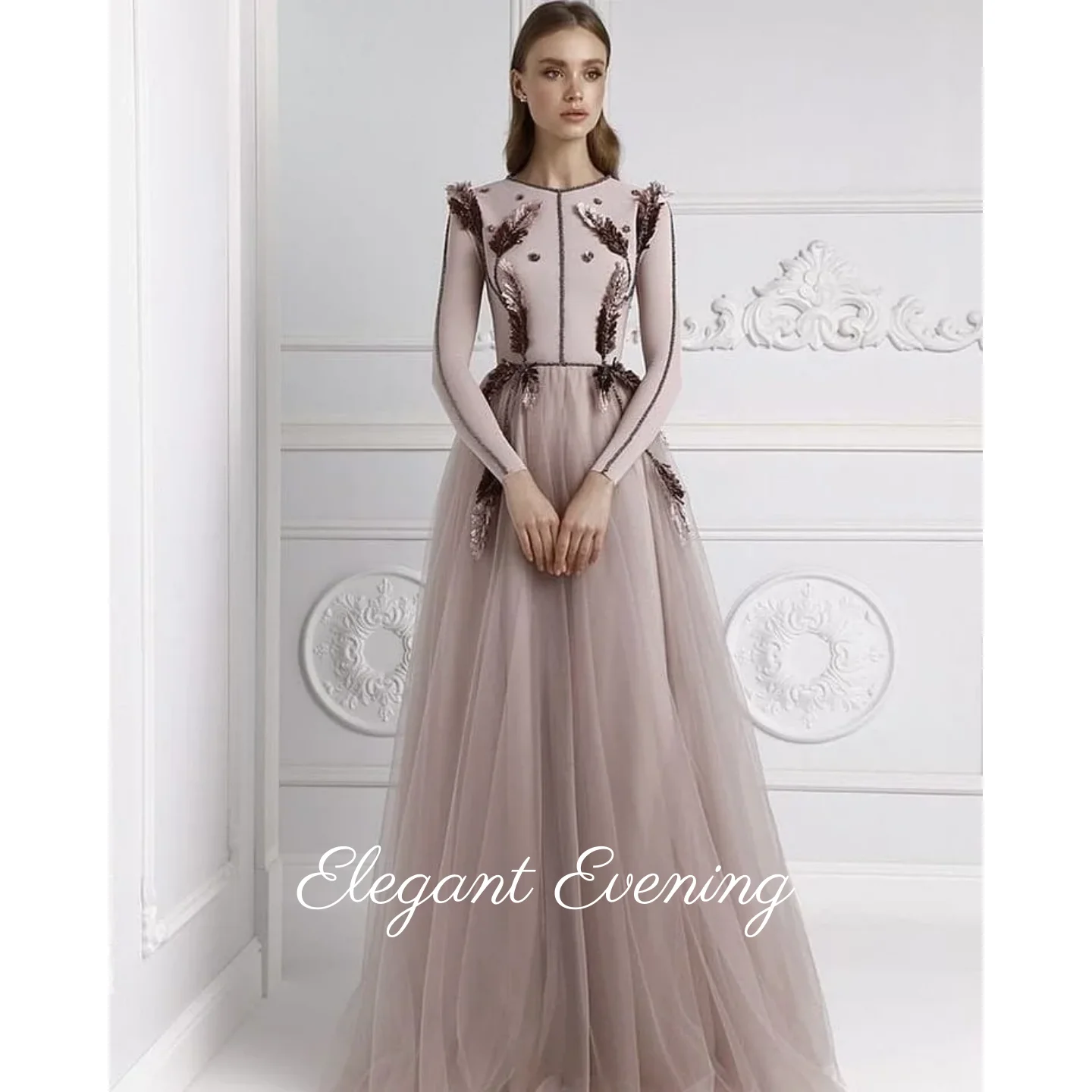 Long Sleeves Tulle Prom Dresses Ruffle Evening Dress Customized Women Saudi Arabia Formal Request Party Wedding Vestidos De Gala