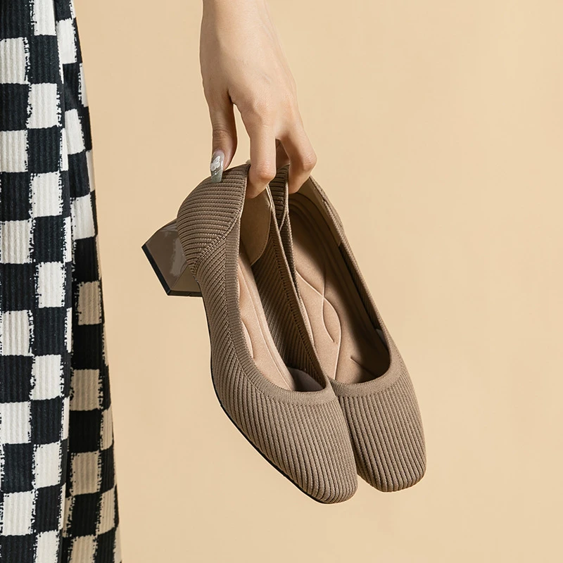 Straight Grain Square Toe Princess Shoes Thick Heel Single Shoes Women Summer Mid-Heel 4cm Breathable Knitted Soft Sole Casual