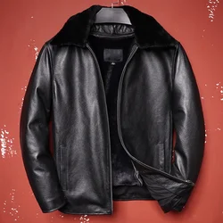 New Detachable Wool Collar With Detachable Plush Liner Leather Jacket Men's Genuine Cowhide Leather Jackets Warm Loose Coats