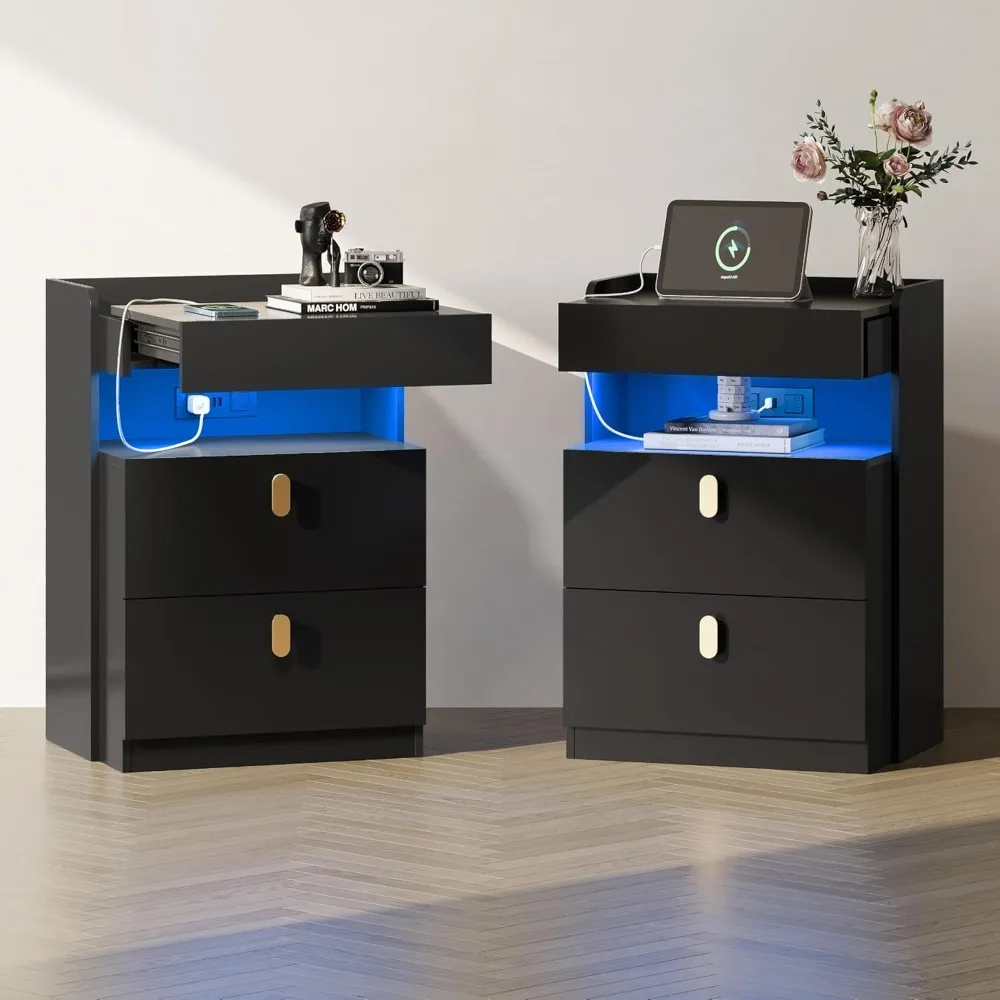 WLIVE LED Nighstand Set of 2 مع محطة شحن، مجموعات حوامل ليلية مع سطح منزلق، طاولات بجانب السرير مع أدراج، طاولة نهائية f