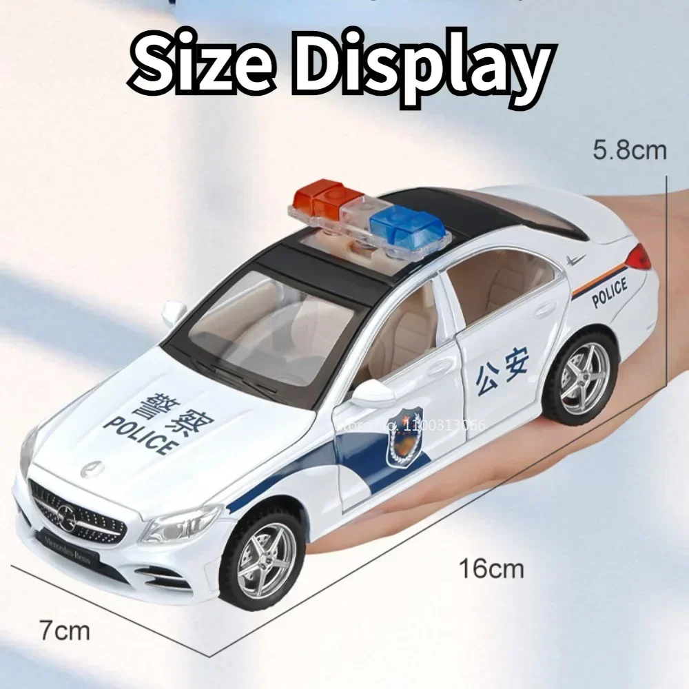 Modèle de voiture de police en métal moulé sous pression pour enfants, jouet de simulation, alliage, son et lumière, nervure arrière, véhicule pour enfants, décoration de modèles de voitures, C260, 1/32